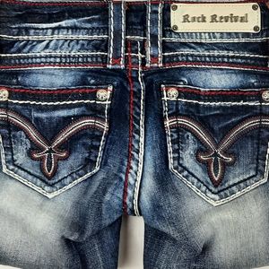 ROCK REVIVAL Becky Skinny Jeans Red White Stitch